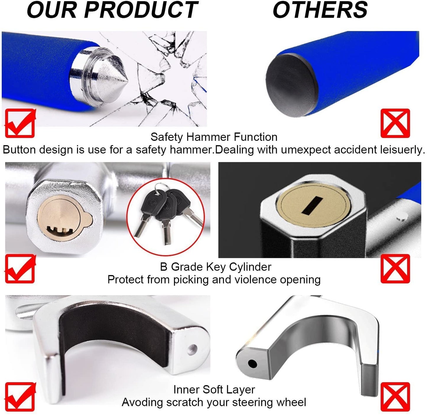 Tevlaphee Steering Wheel Lock Anti-Theft Car Device, Blue, Key Lock, Protects Against Prying, Sawing, Hammering, and Freon Attacks