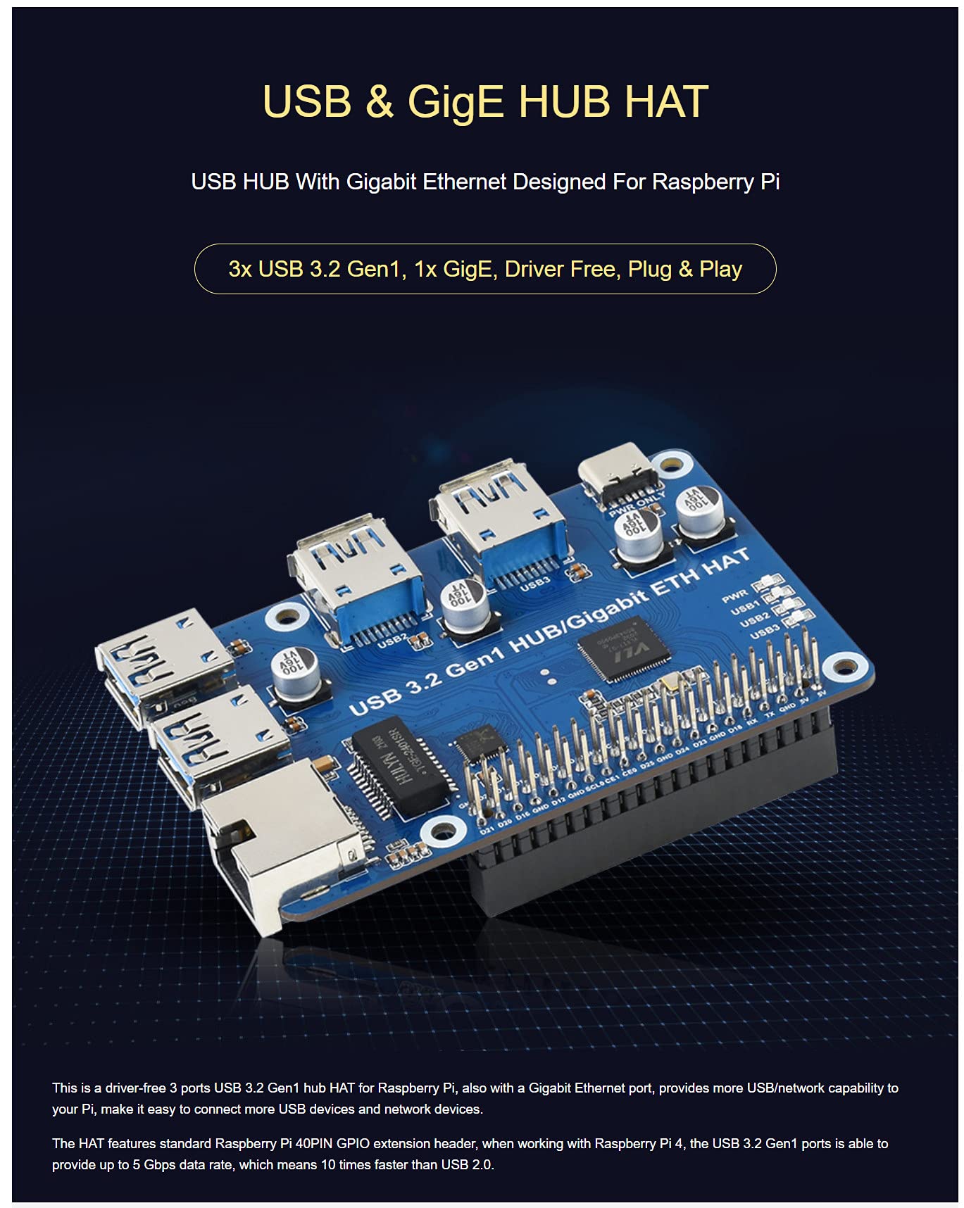 Coolwell USB 3.2 Gen1 and Gigabit Ethernet HUB HAT for Raspberry Pi Series Board, 3x USB 3.2 Gen1, 1x Gigabit Ethernet, Plug & Play, No Driver Needed