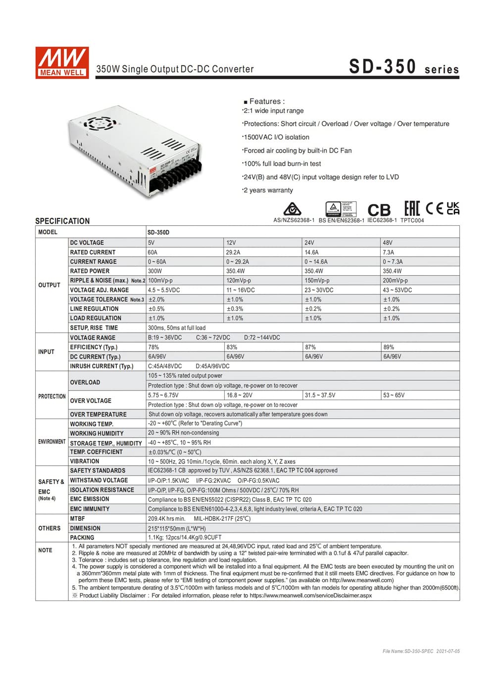 MW Enclosed Type SD-350B/C/D-12/24/48/5V Industrial DC-DC Converter (SD-350B-48)