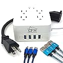 4-Outlet 4-USB Fire Safe Surge Protector with Outlet Saver Power Cord and USB Charge Cables