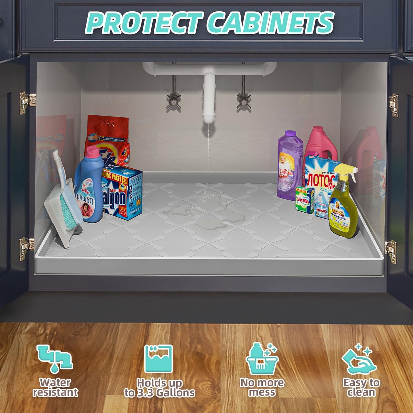 SIKADEER 34"x22" Under Sink Silicone Mat – Waterproof Drawer, Shelf & Cabinet Liner, Kitchen Sink Protector, Boot Tray & Pet Mat