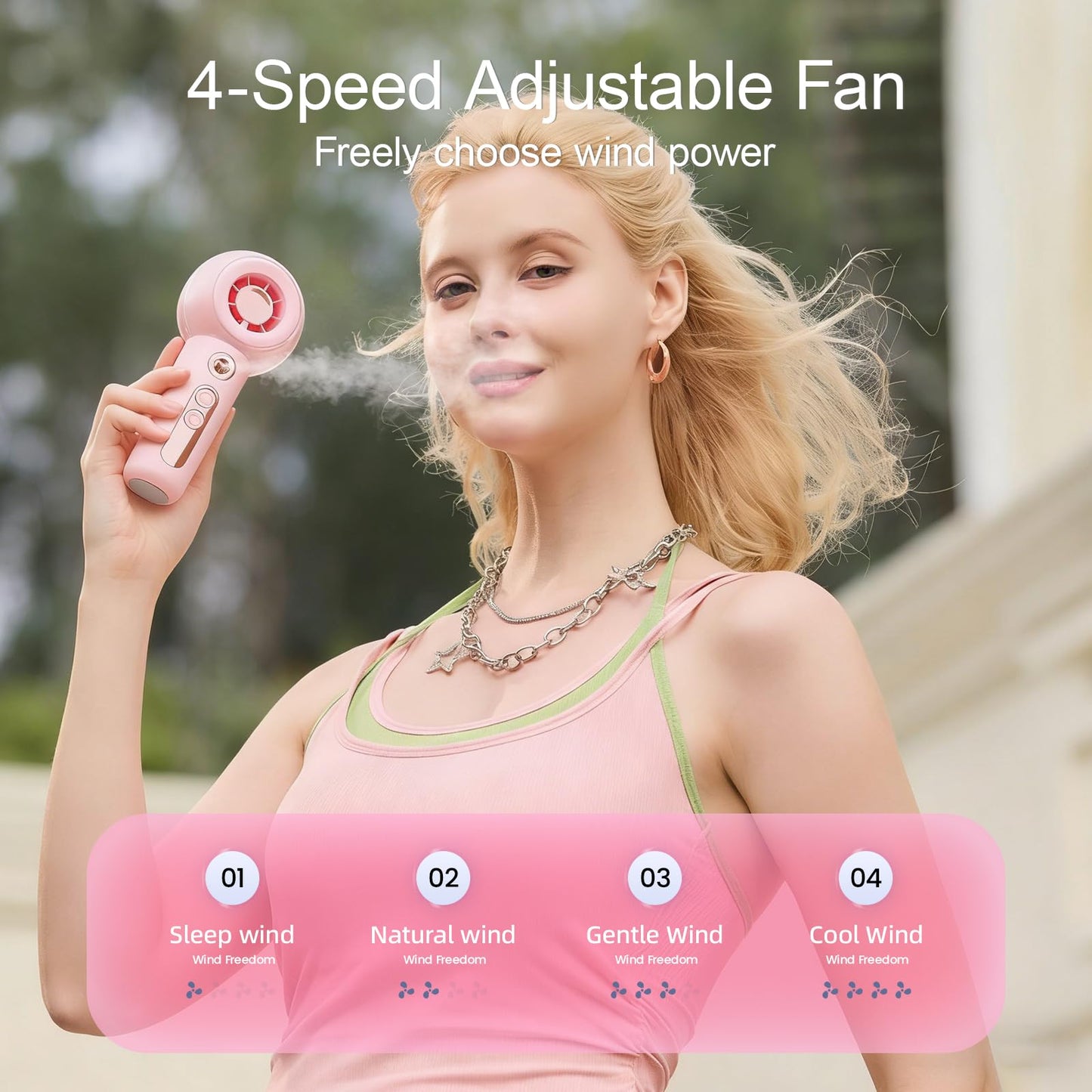 Gemmac Portable Fan with Mist, Personal Misting Fan USB Rechargeable 2000mAh Small Handheld Fans, 4 Strong Wind Cooling 50ml Spray Water Tank