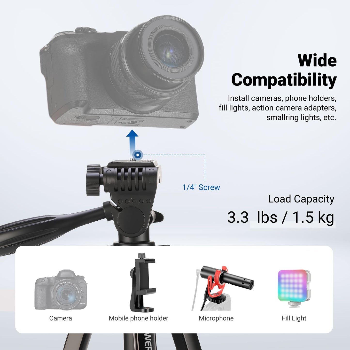 NEEWER Entry Level Version Tripod for Cell Phone & Camera, Metal Lightweight Portable Travel Stand with Cold Shoe Cellphone Holder Mount Compatible