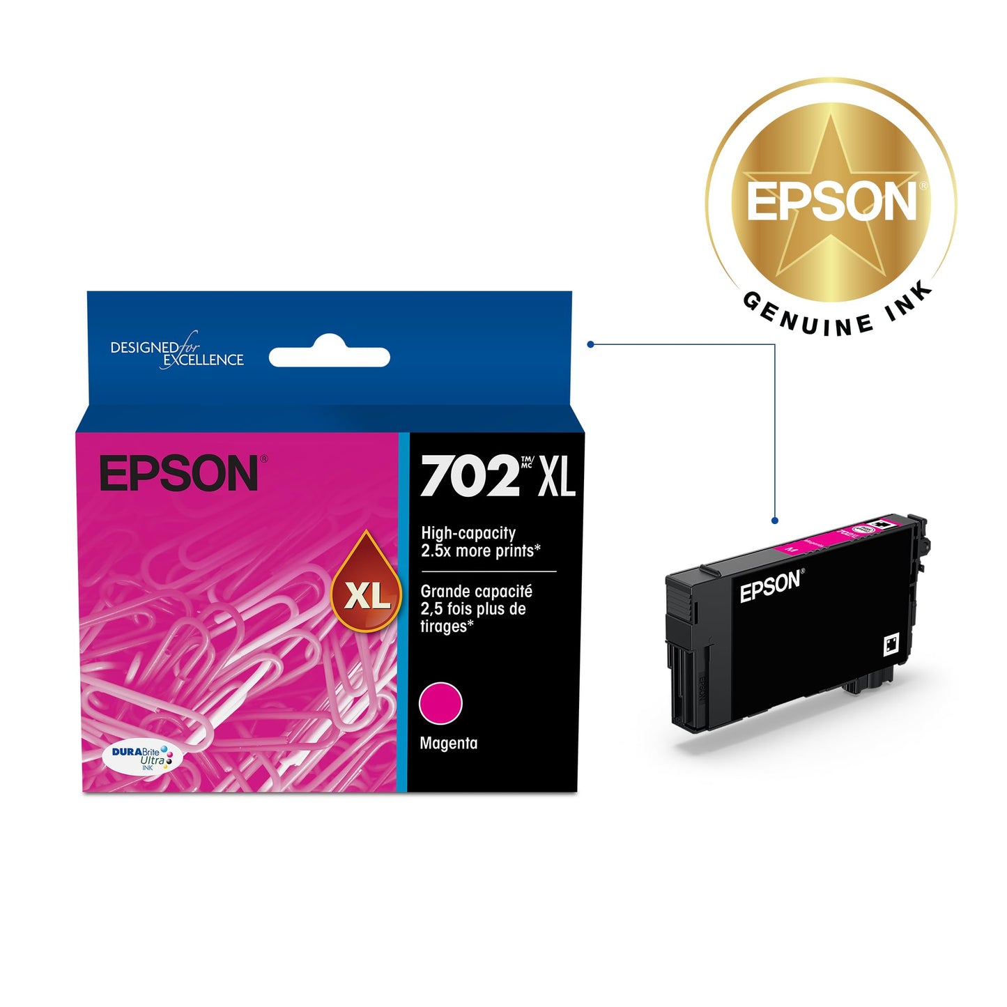 EPSON 702 DURABrite Ultra Ink High Capacity Magenta Cartridge (T702XL320-S) Works with WorkForce Pro WF-3720, 3730, 3733