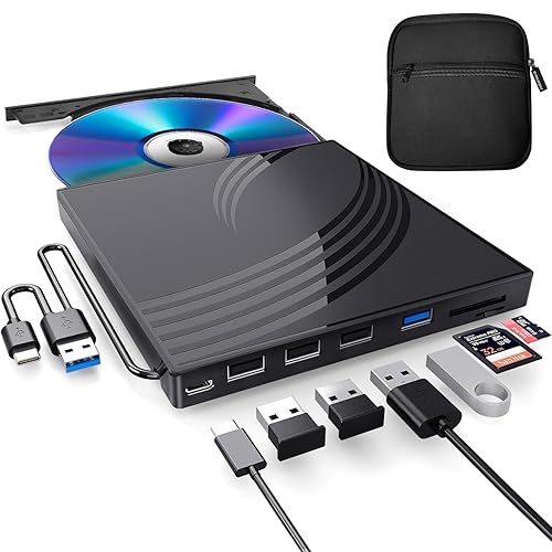 BPAKDU External CD/DVD Drive for Laptop with Carrying Case,DVD Player for Laptop,Portable CD Burner with 4 USB Ports, 2 TF/SD Card Slots,CD Disk Drive