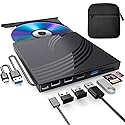 BPAKDU External CD/DVD Drive for Laptop with Carrying Case,DVD Player for Laptop,Portable CD Burner with 4 USB Ports, 2 TF/SD Card Slots,CD Disk Drive