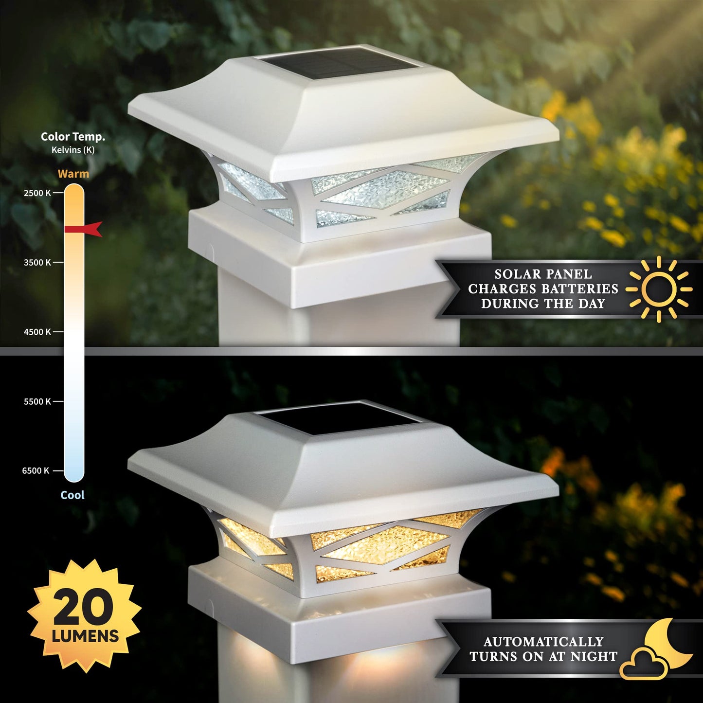 Classy Caps SLK807W - White, Kingsbridge Dual Lighted Solar Post Cap - Outdoor Deck & Fence Lighting, Fits 3.5x3.5, 4x4, 5x5, and 5.5x5.5 Posts, White