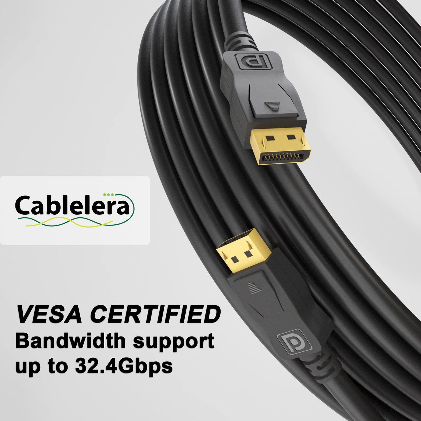 Cablelera VESA Certified 8K DisplayPort Cable, 8K 60Hz, HDR, 3D, 32.4Gbps, DSC1.2, HBR3, Performance Tested, NVIDIA, AMD, Gaming Display, Black, 6ft