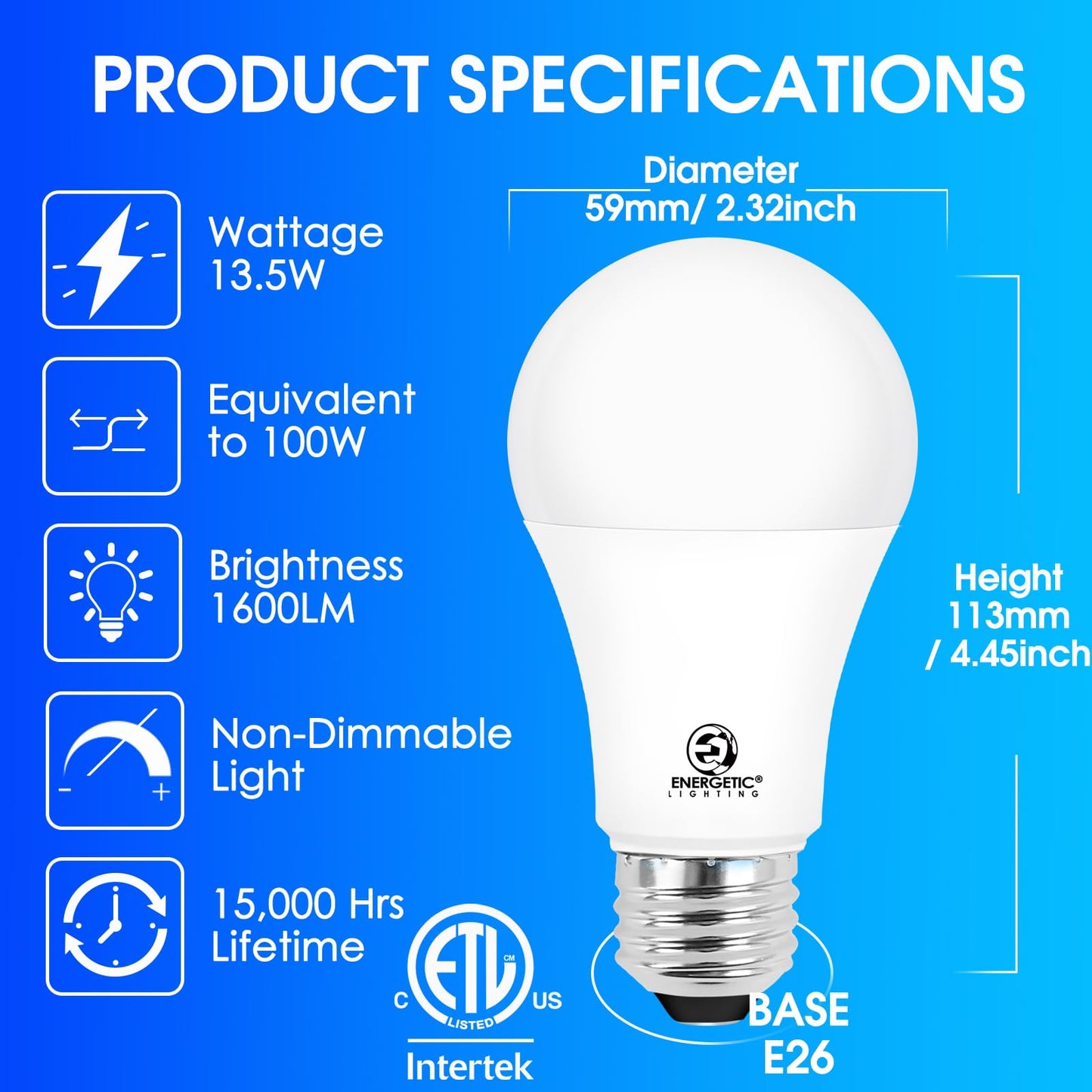 E ENERGETIC LIGHTING LED Light Bulbs 100 Watt Equivalent, Warm White 3000K, 1600LM Super Bright, Non-Dimmable A19 LED Light Bulbs, E26 Standard Base