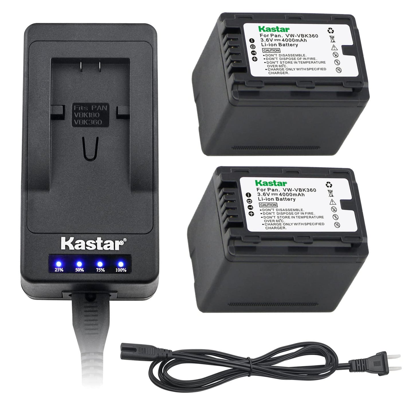 Kastar LED Super Fast Charger + 2 Battery Replacement for Panasonic VW-VBK360 HC-V10 V100 V100M V500 V500M V700M HDC-HS60 HS80 SD90 SDX1H TM40 TM41