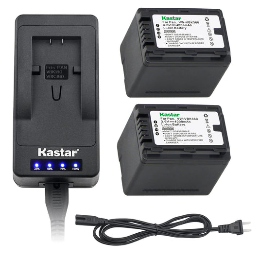 Kastar LED Super Fast Charger + 2 Battery Replacement for Panasonic VW-VBK360 HC-V10 V100 V100M V500 V500M V700M HDC-HS60 HS80 SD90 SDX1H TM40 TM41