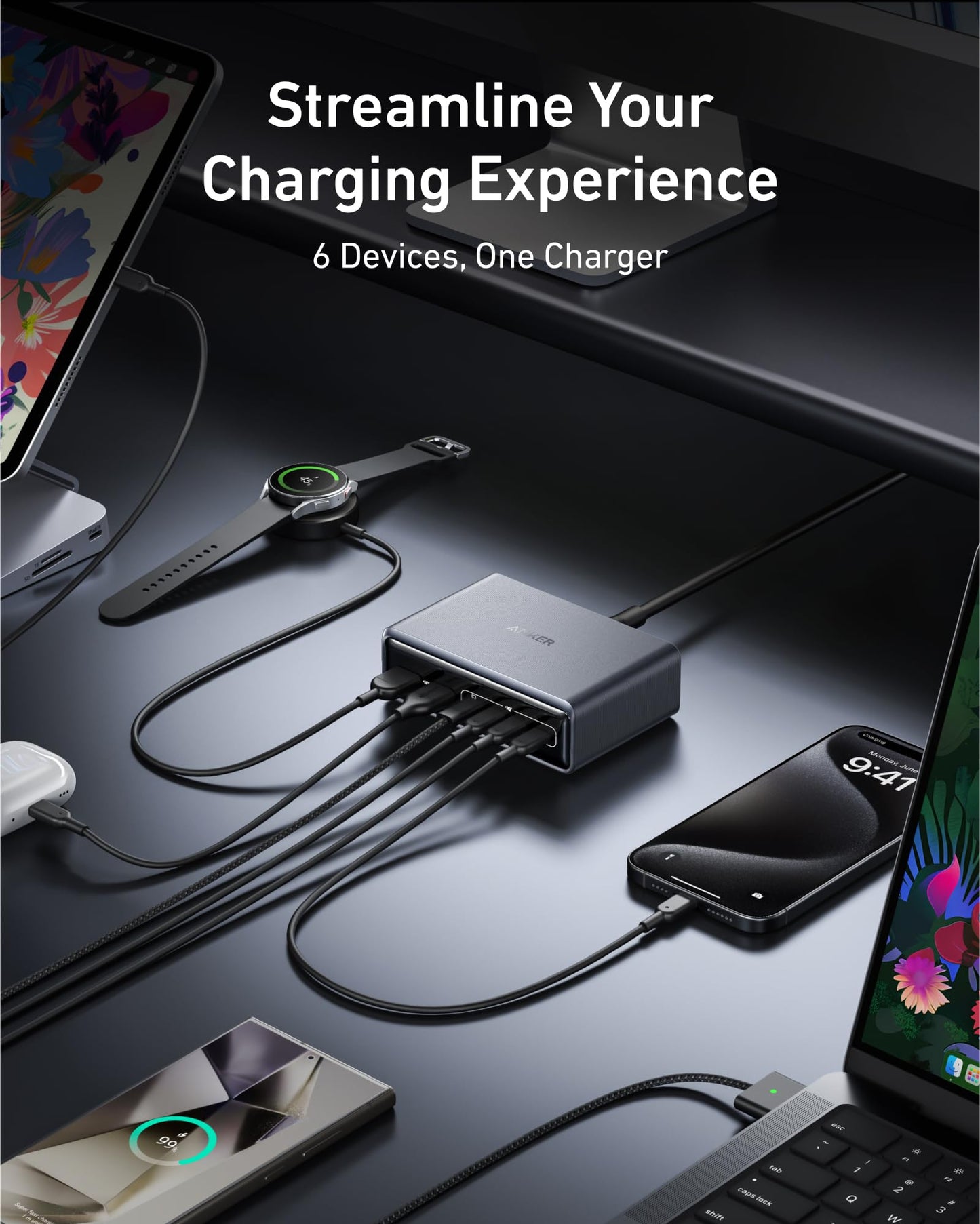 Anker Prime Charging Station, 200W 6-Port GaN Desktop Charger, Fast Charging USB C Charger for Multiple Devices, Compatible with iPhone, Galaxy