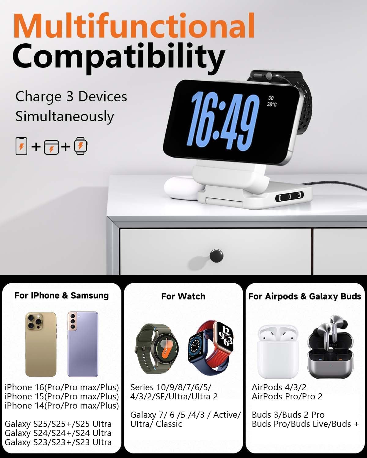 3 in 1 Foldable Wireless Charger, 15W Qi2 Magnetic Charger Stand for iPhone & Samsung, Apple Watch & Galaxy Watch, AirPods & Galaxy Buds