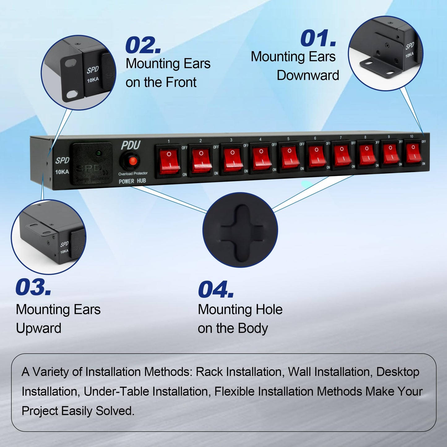 ThePoEstore 10 Outlets 1U Horizontal PDU Network Rackmount Power Strip with Surge Protector, (SPD-10KA) 100-240V,15A 3600 Joules, w/10 LED Switches