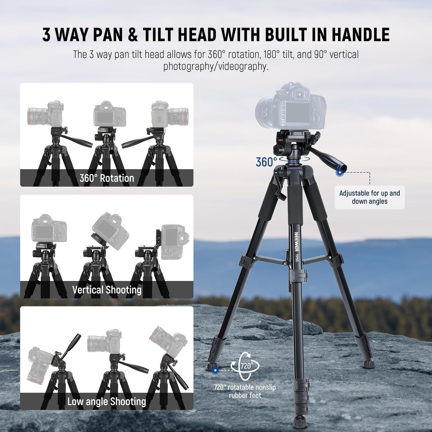 NEEWER BASICS Camera Tripod, 71'' Tripod with Cell Phone Holder Mount Compatible with iPhone for Video Recording, Professional Aluminum Lightweight