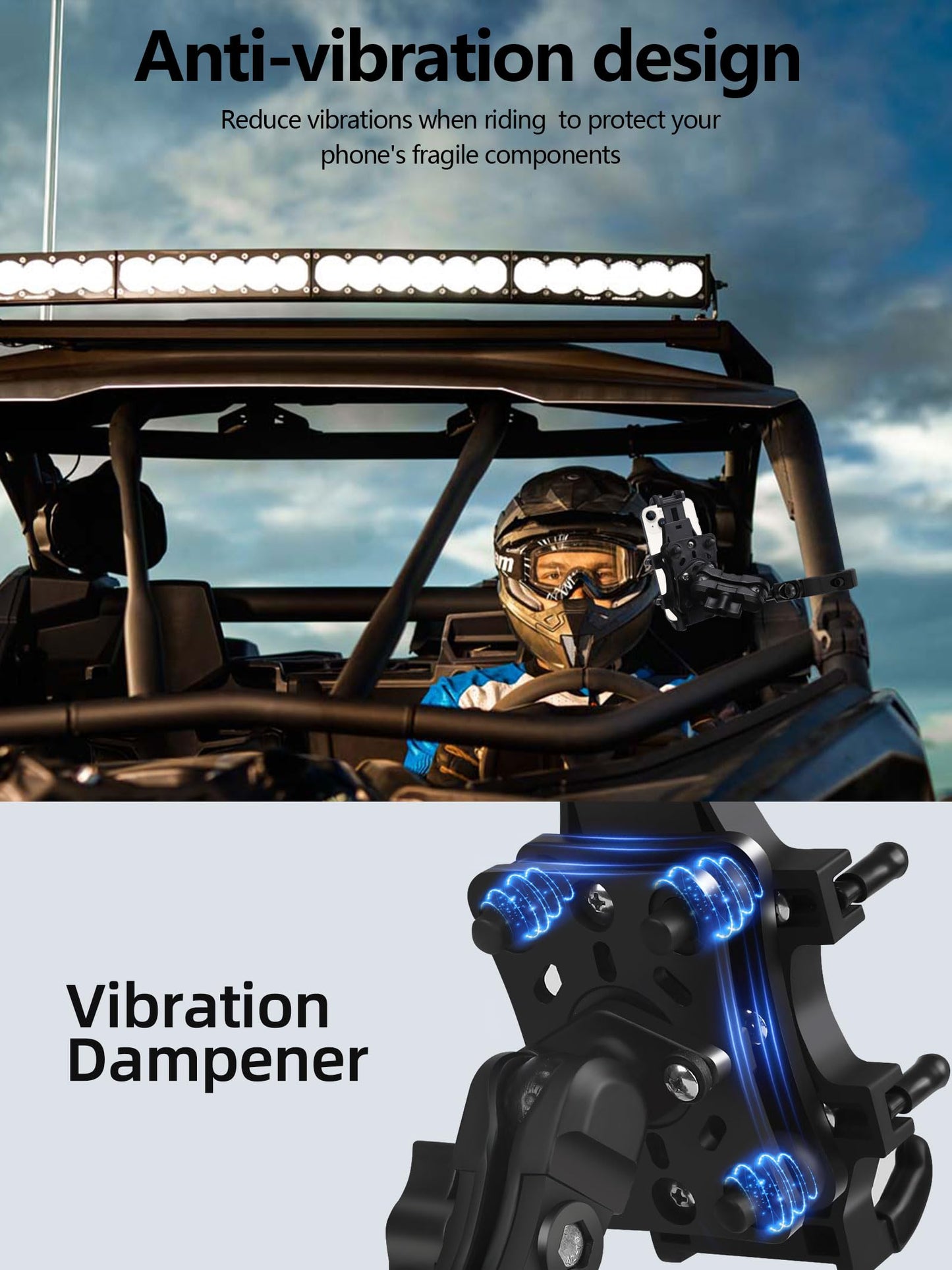 ZIDIYORUO Anti-Vibration UTV Phone Mount Heavy Duty, Full Protection SXS Phone Holder with Aluminum Bracket Fit for 1.75-2" Roll Cage, Adjustable UTV