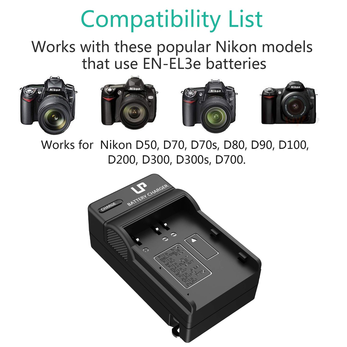 EN-EL3e LP Battery Charger for Nikon EN-EL3e, EL3, EL3a, Compatible with Nikon D50, D70, D70s, D80, D90, D100, D200, D300, D300s, D700 Digital SLR