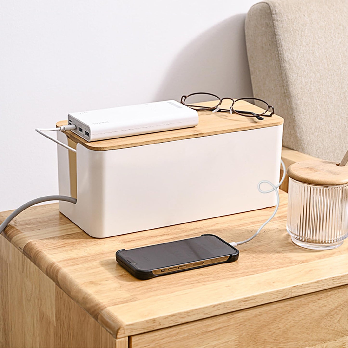 MAXTBEE Cable Management Box,Wooden Style Large Cable Organizer Box for Office and Home,Cable Organizer Box with Proof Lock for Baby-Pets,Wood
