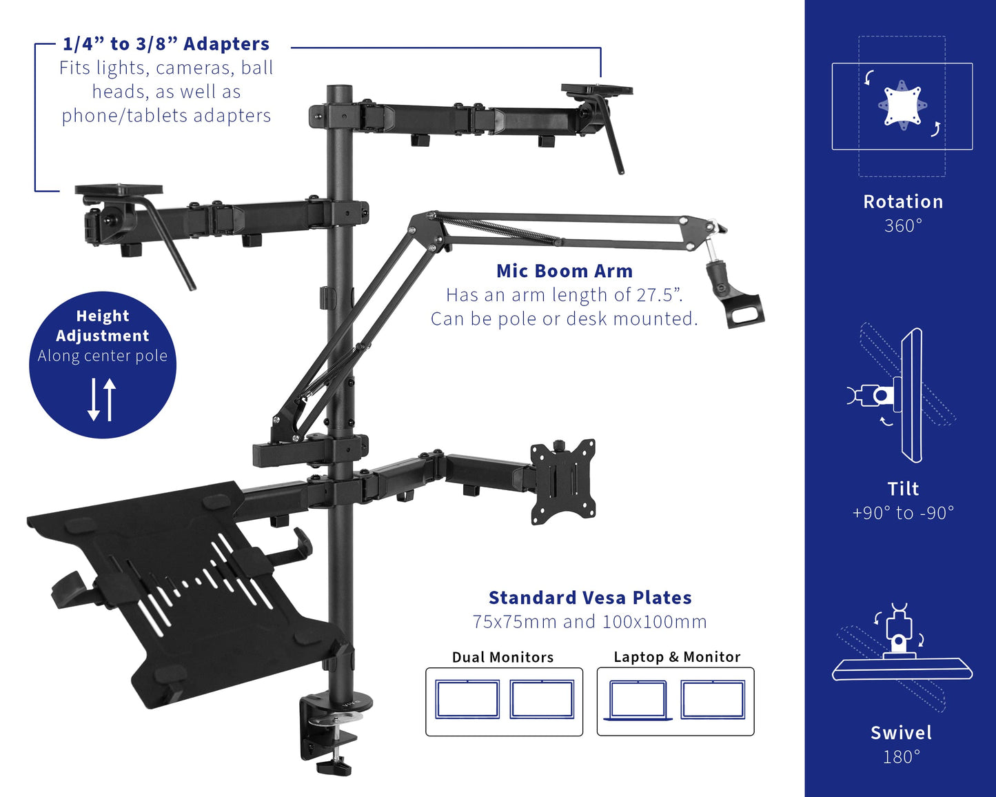 VIVO All-in-One Computer Studio Desk Mount, Mic Boom, Dual Monitor Mount up to 32 inches, Laptop Stand, Livestream Arms Compatible with Cameras