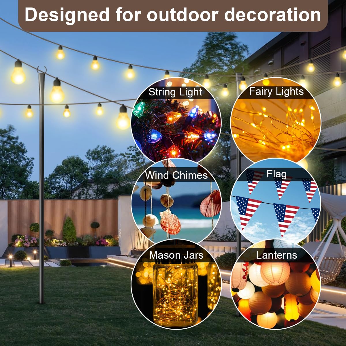 MuliVid 6 Pack 9FT String Light Poles for Outdoor,Metal Lights Hanging Pole Outside with Fork,Light Stand for Patio, Pergola, Garden, Backyard, Yard