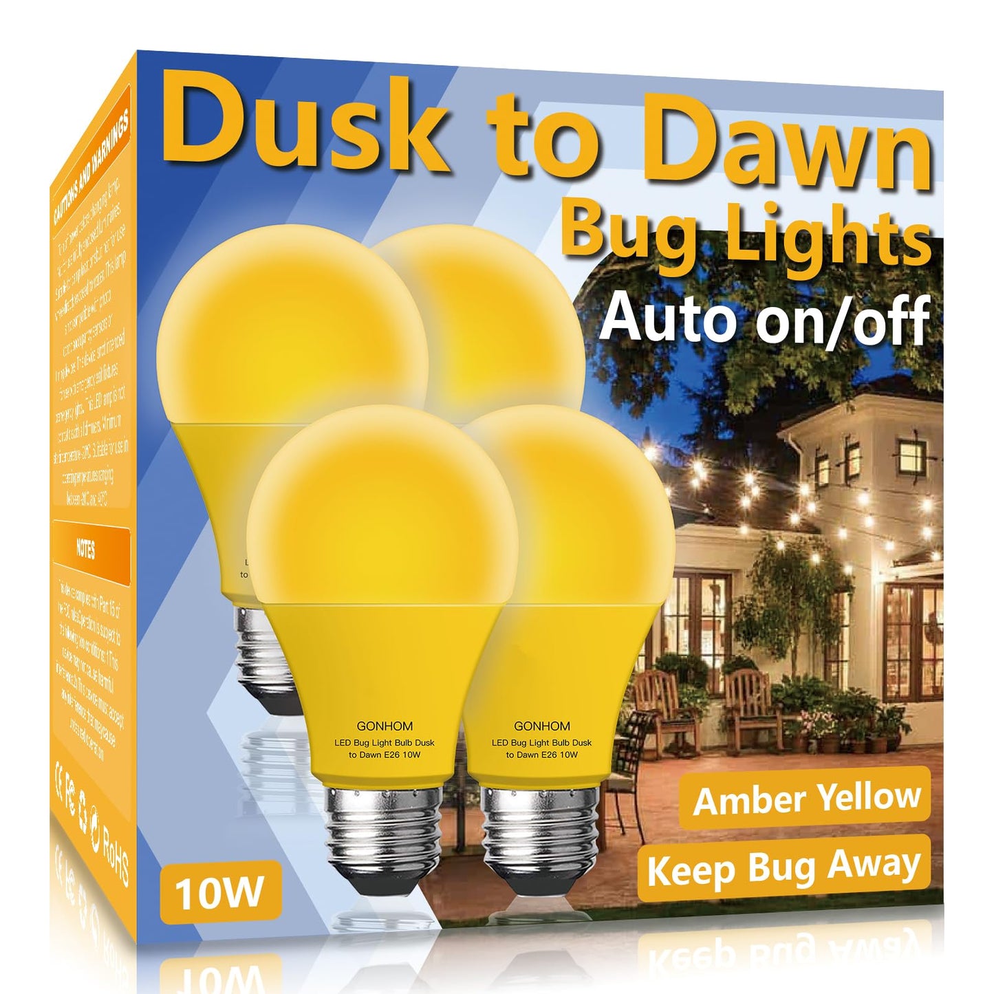 Gonhom Dusk to Dawn Bug Light Bulb Outdoor,4 Pack Amber Bug Light Bulb,Auto On/Off,10W(100W Equivalent),E26 Base,Bug Lights for Outside.Home Hallway
