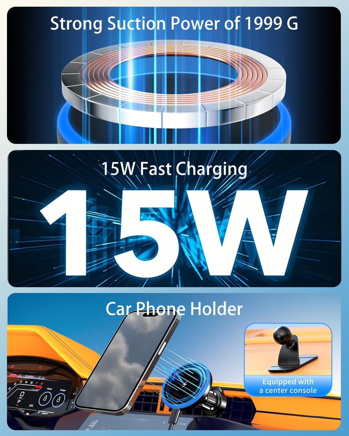 MagSafe Car Mount Charger, 3 in 1 [LED RGB HandsFree] Wireless Car Charger, Magnetic Phone Holders for Your Car- Fast Charging Car MagSafe Charger