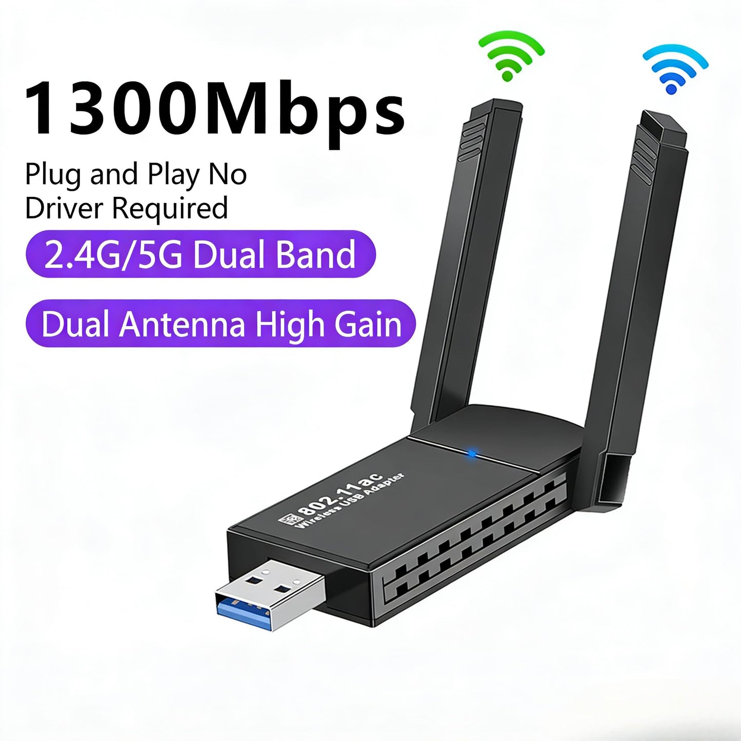 1300Mbps Wireless WiFi Adapter, USB3.0 WiFi Dongle 2.4G/5G 802.11AC Network Adapter Receiver with High Gain Antenna for Desktop Laptop PC