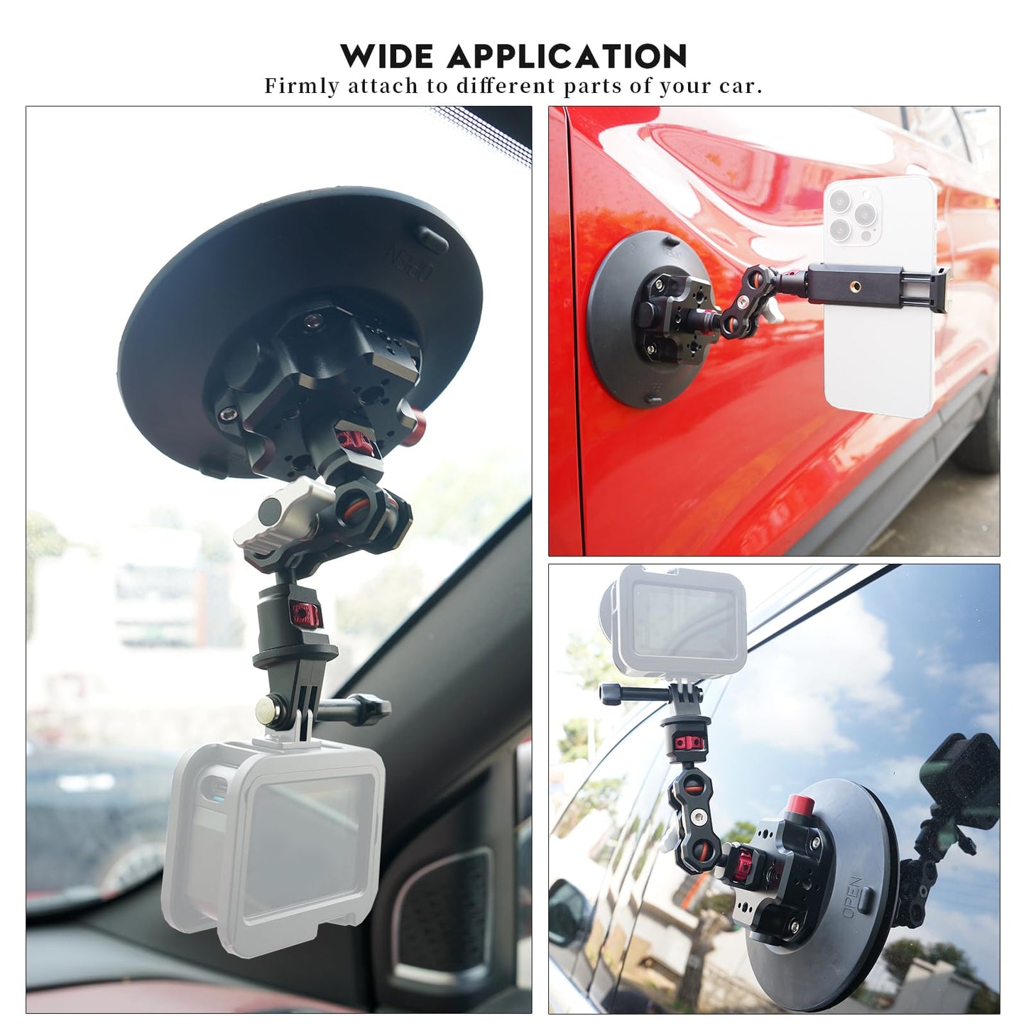 CNC Machined 6in Suction Cup Camera Mount with Ball Head Magic Arm, 1/4" ARRI Holes, Quick Release Car Mount with Phone Holder & Action Camera Adapter