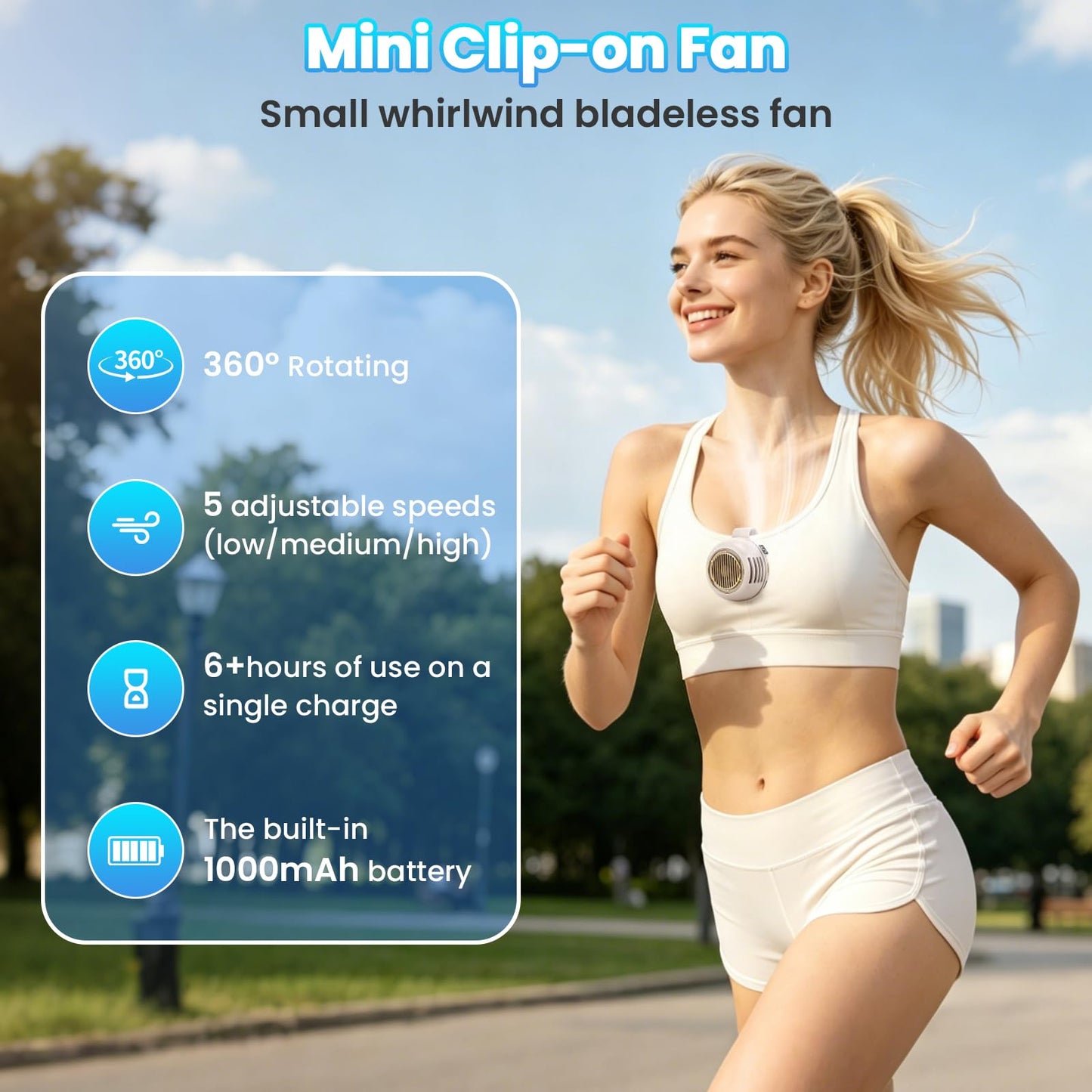 keilyht Portable Silent Mini Bladeless Fan Clip On, Adjustable 5 Speeds 360° Rotatable Clip on Fan for Shirt & Waist, USB Rechargeable Small Whirlwind