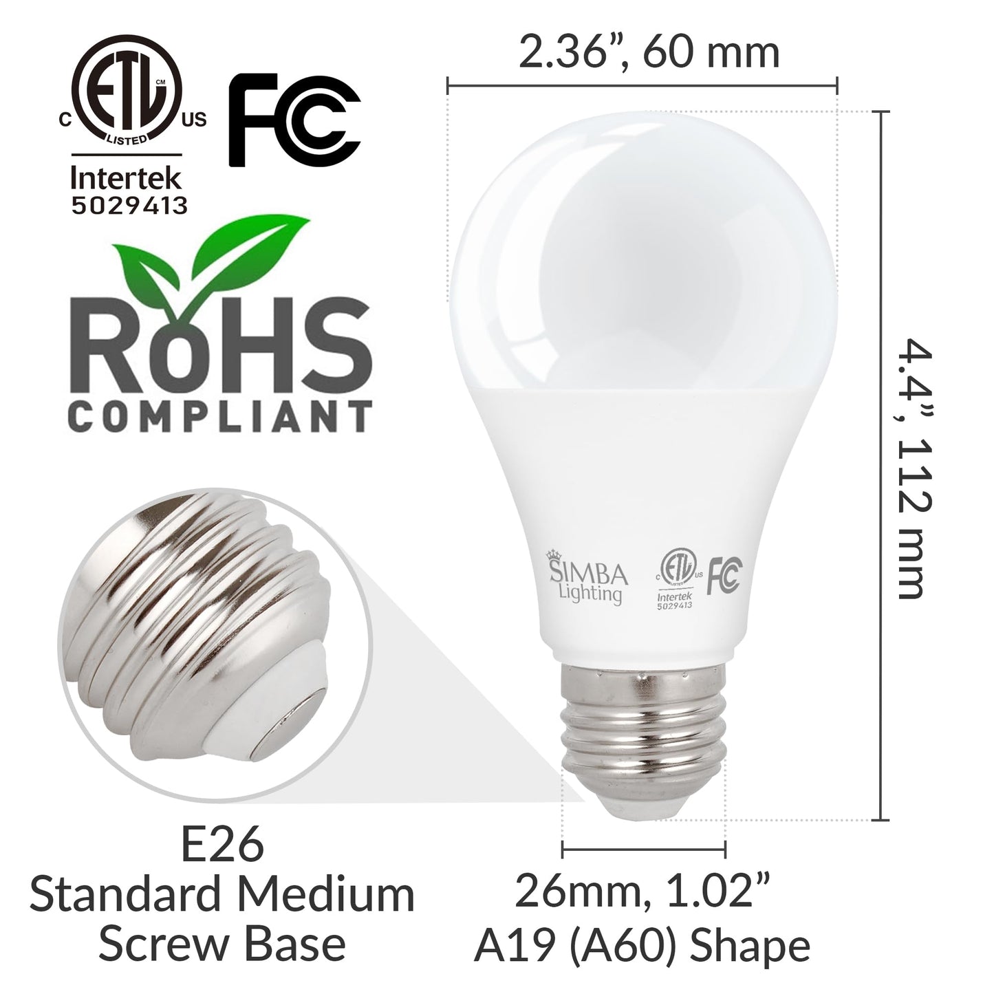Simba Lighting LED A19 6W 120V ETL Listed Light Bulbs E26, 5000K, 4 Pack