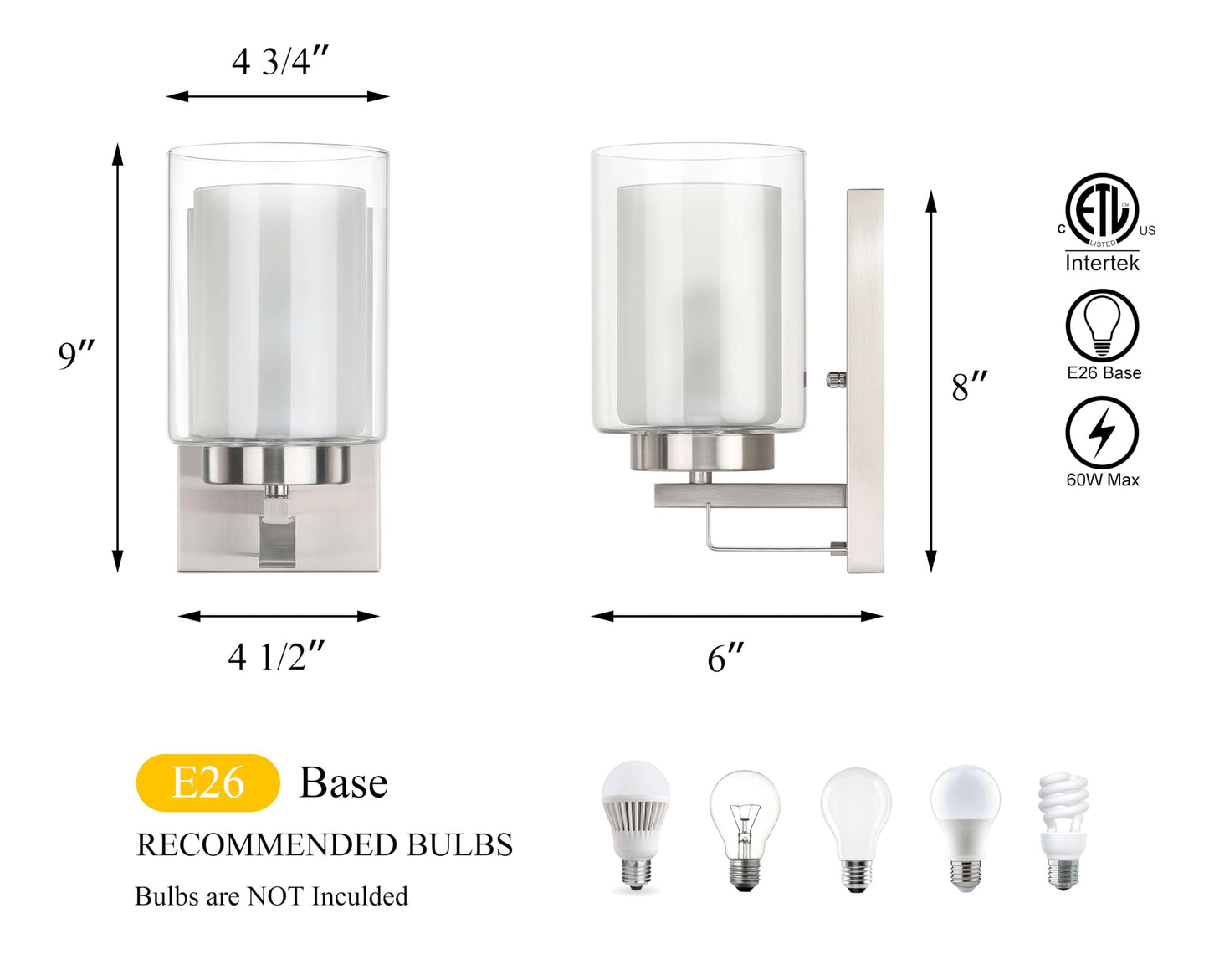XiNBEi Lighting Wall Light 1 Light Bathroom Vanity Lighting with Dual Glass Shade in Brushed Nickel Indoor Modern Wall Mount Light Suitable