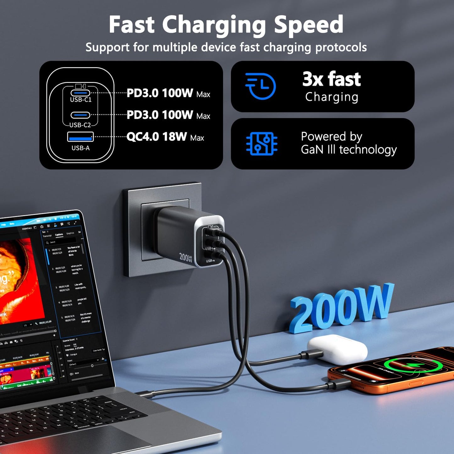 200W USB C Charge Block,3 Port PD 100W GaN Charger,Multi Port Fast Charging Station Hub for Multiple Devices,Compatible