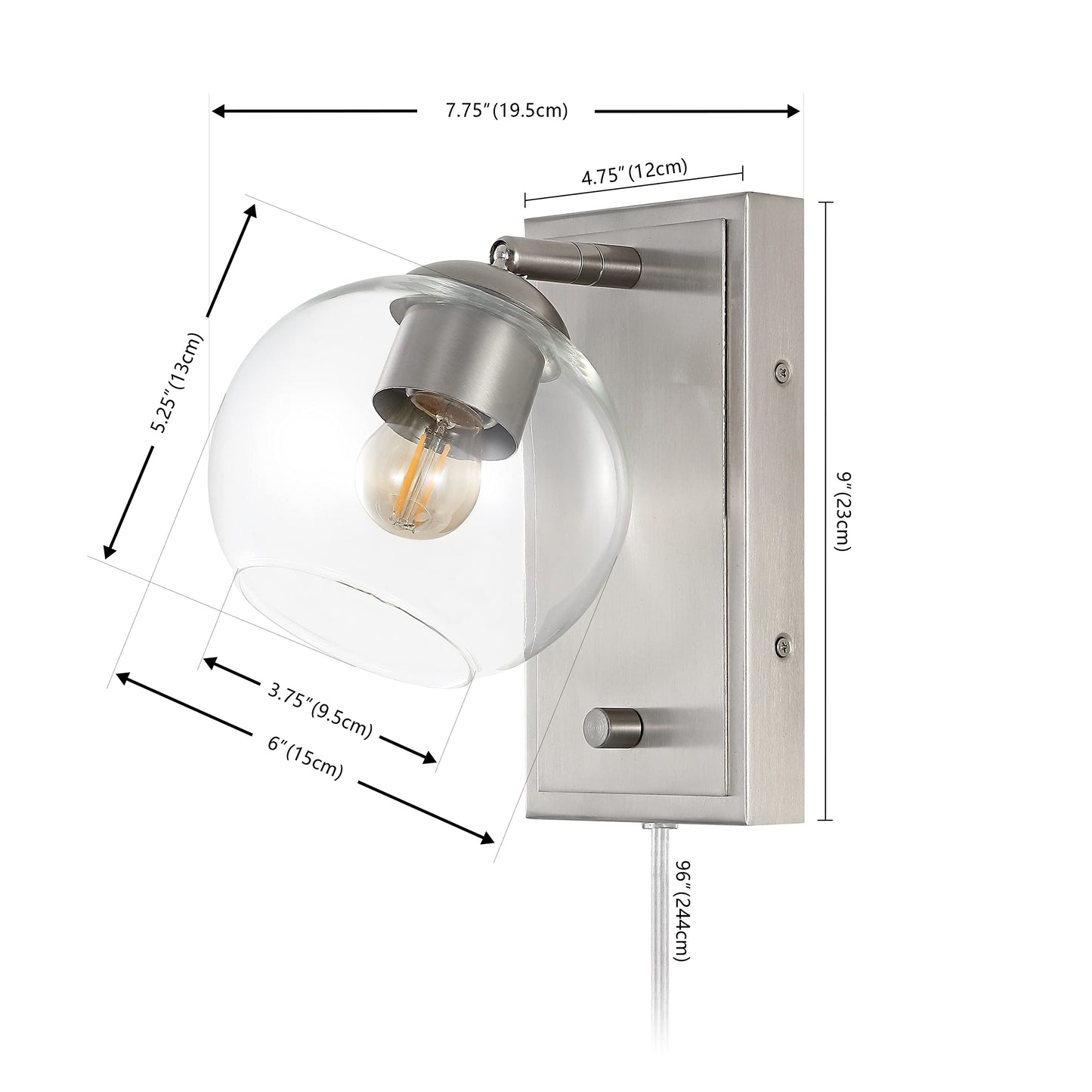 JONATHAN Y 6" Nickel 1-Light with Clear Globe Modern Wall Sconce, Plug-in or Hardwired LED Adjustable Wall Light with Dimmer Switch, Clear Glass Globe