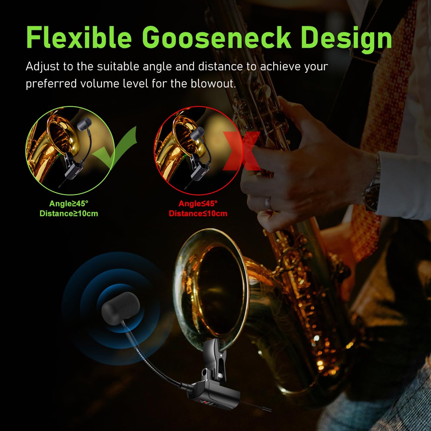 ACEMIC UHF Wireless Saxophone Microphone System Wireless Transmitter and Receiver Clip-on Instrument Microphones & Systems Mic for Trumpet, Sax