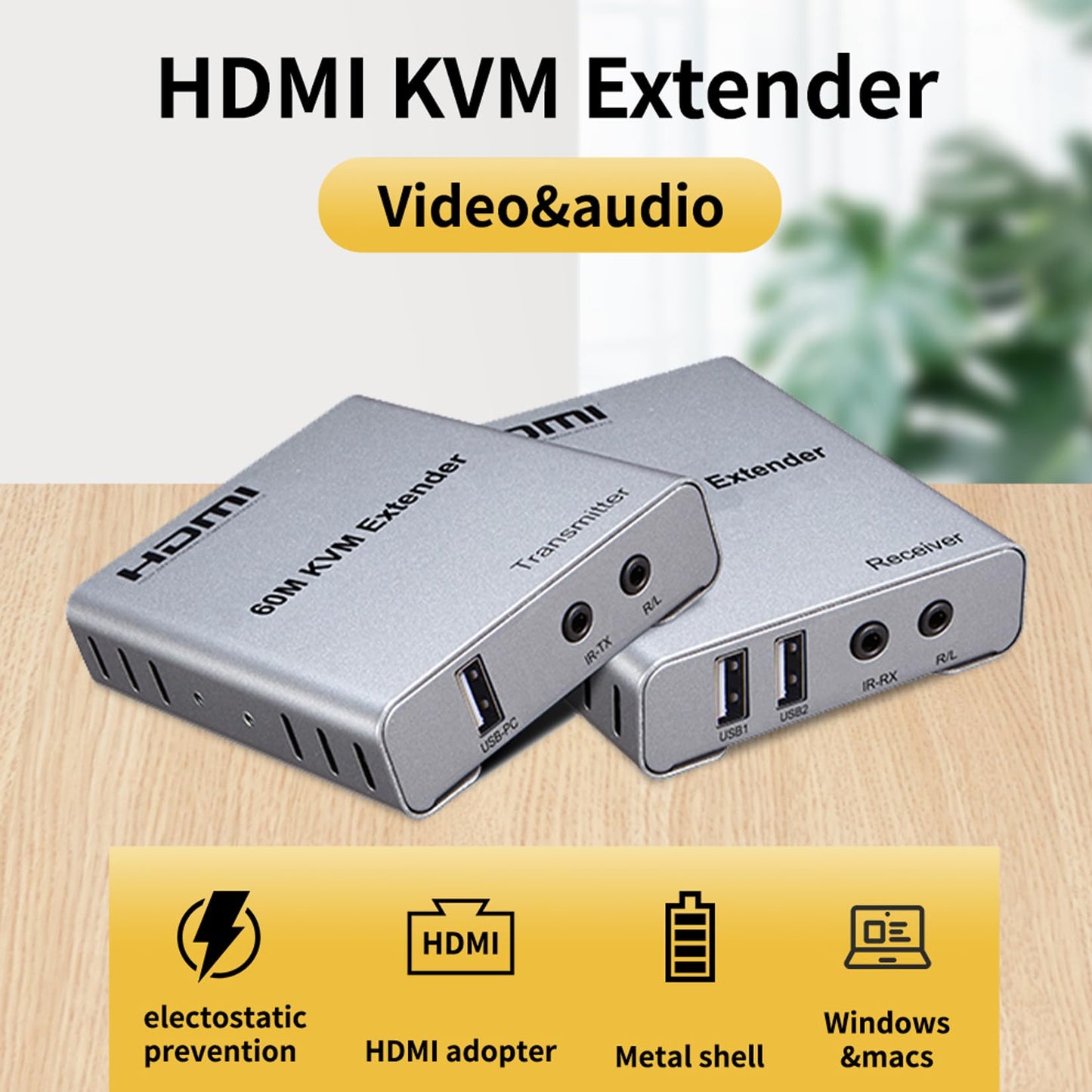 196FT HDMI KVM USB Extender with Loop Out and IR Control, BolAAzuL HDMI KVM Extender Kit Balun 1080P 60Hz Over Cat5e/6 Ethernet Cable for USB Keyboard