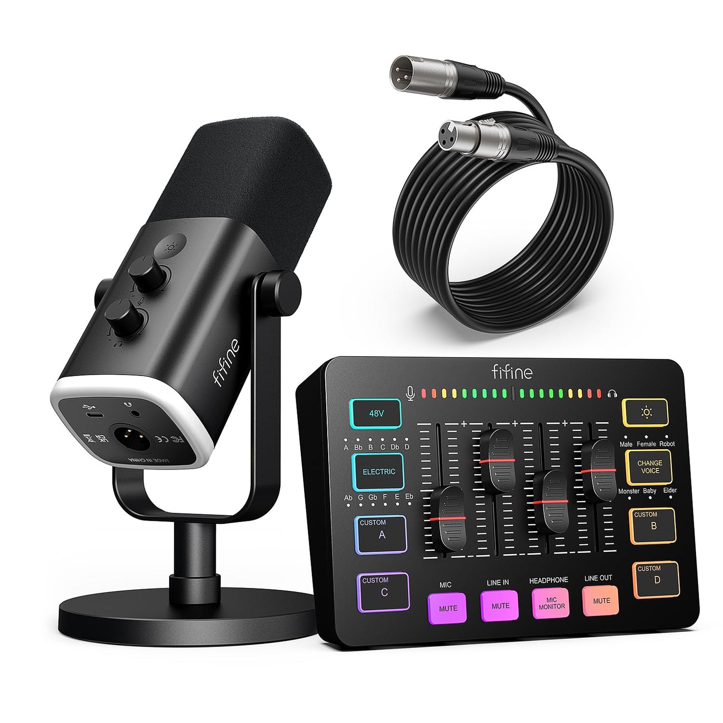 FIFINE Gaming Equipment Bundle, Dynamic XLR/USB Gaming Microphone Set with Streaming Audio Mixer for Podcast Recording Video Vocal, RGB Gamer Set with