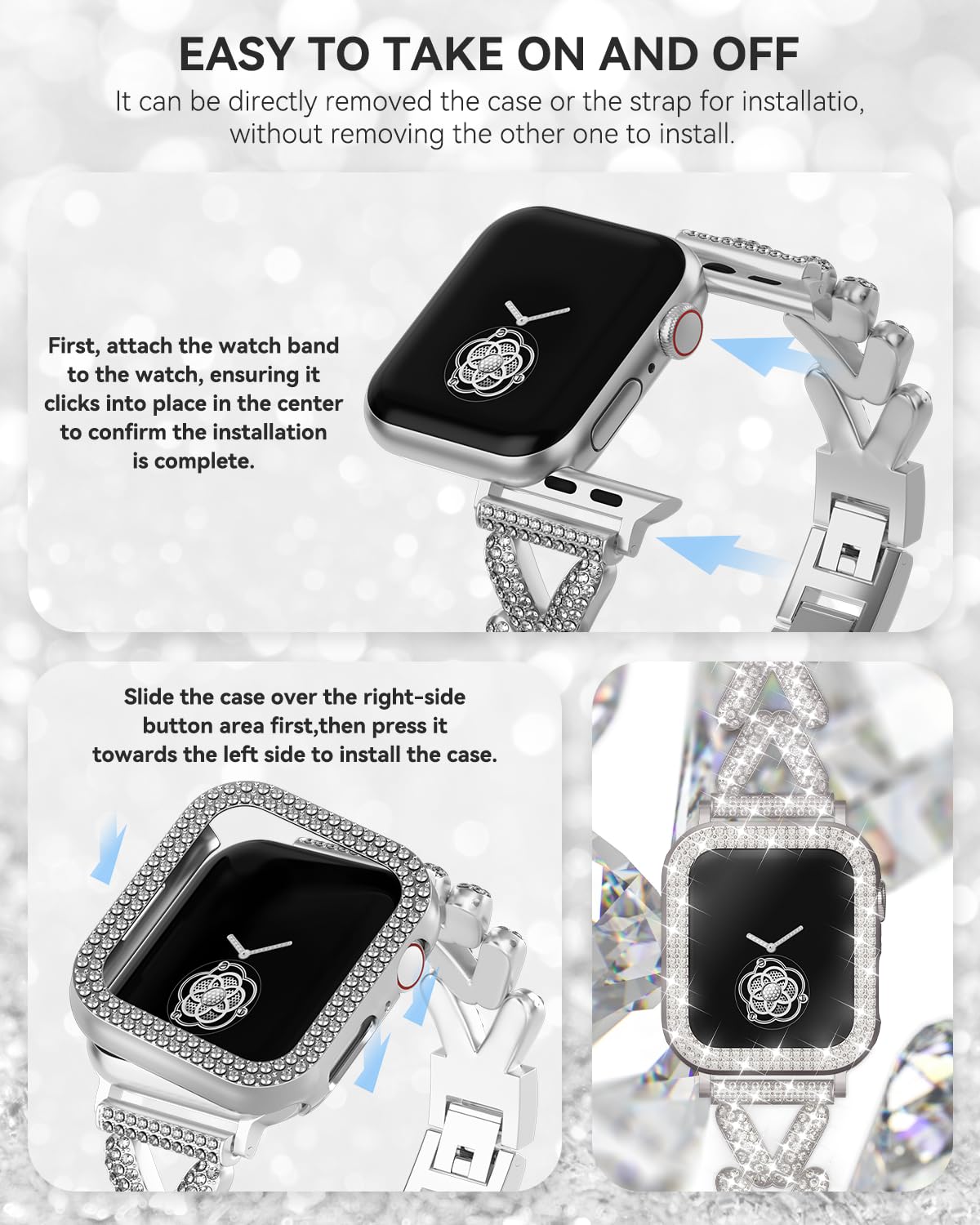 Rhinestones Encrusted Metal Bracelet and Case, Compatible with Apple Watch Bands 38mm-49mm (Series 11/10/1/SE/Ultra 2)- Bling Gold Women's Jewelry