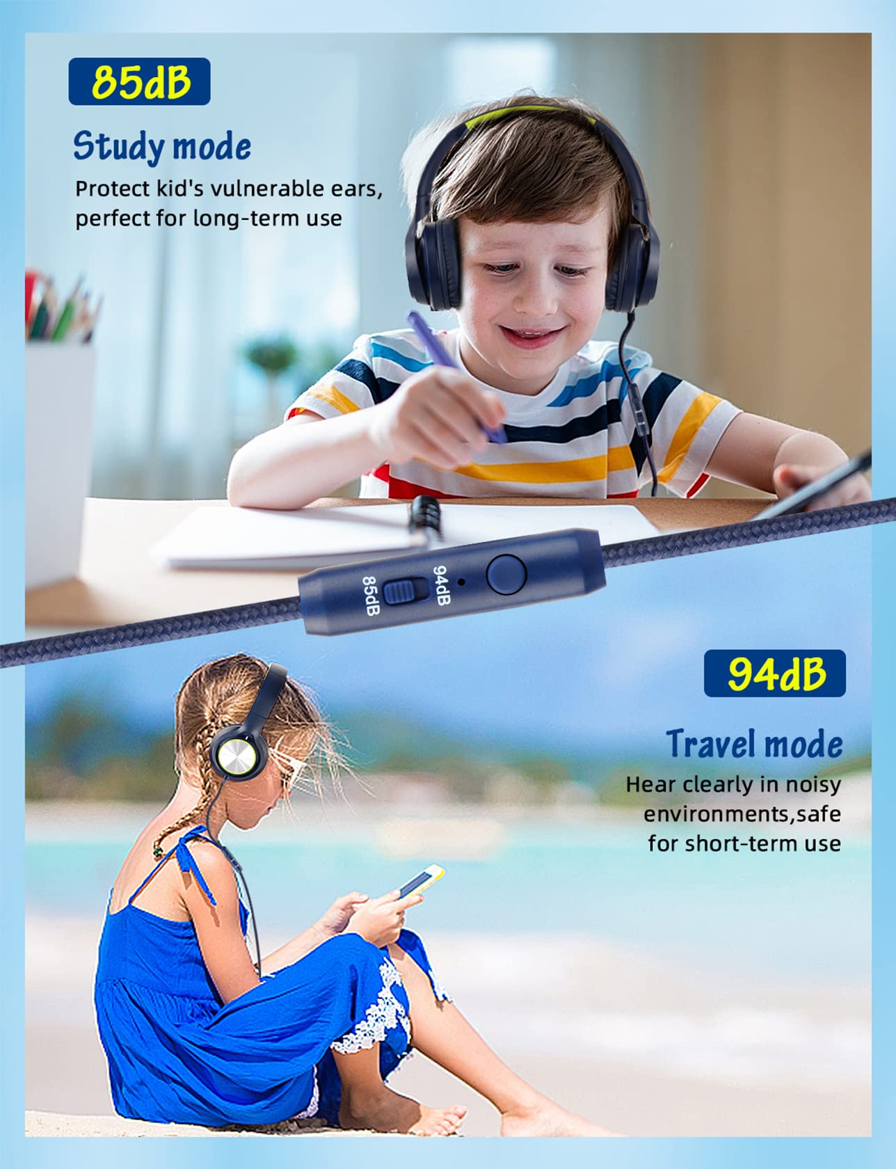 Kids Headphones with Cord , Wired Over Ear Headsets with Microphone Limited Volume 85dB/ 94dB, Portable Wired Headphones for Kids Boys Girls Teens
