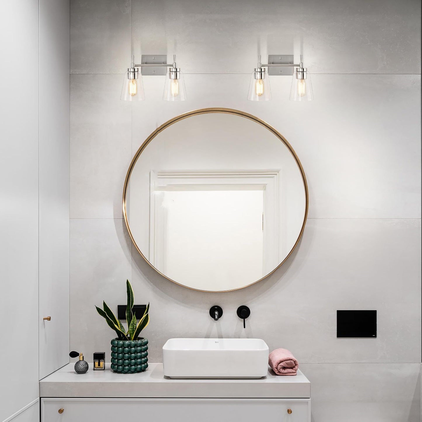 Edvivi 2-Light Bathroom Light Fixtures, Brushed Nickel Vanity Light Over Mirror, Indoor Wall Sconce with Clear Cone Glass Shade, Wall Lamp