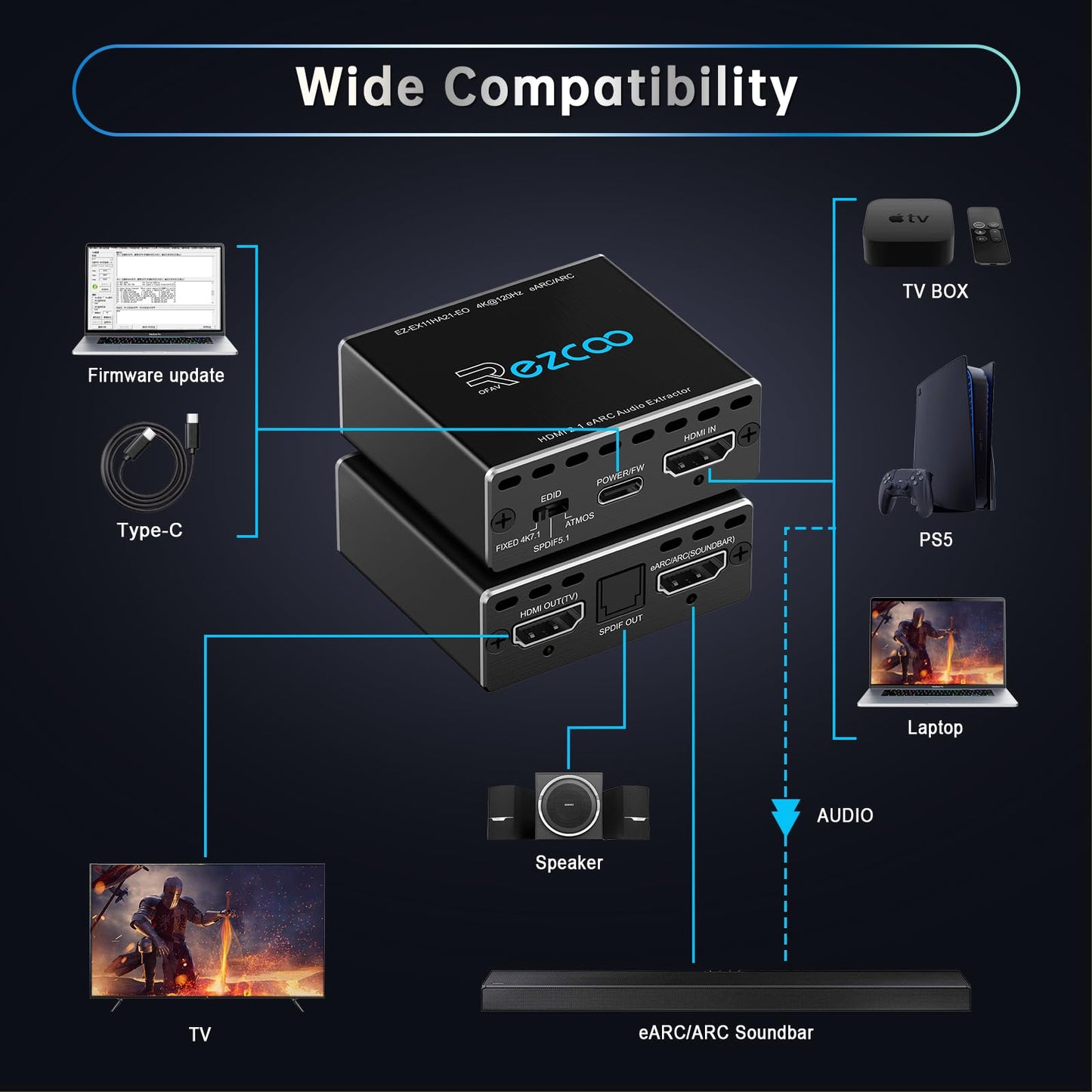 4K@120Hz HDMI 2.1 eARC Audio Extractor 1 in 1 Out Support VRR ALLM HDCP2.3 ARC eARC HDR CEC SPDlF Optical Audio Out Digital EDID for PS5 Xbox NVIDIA