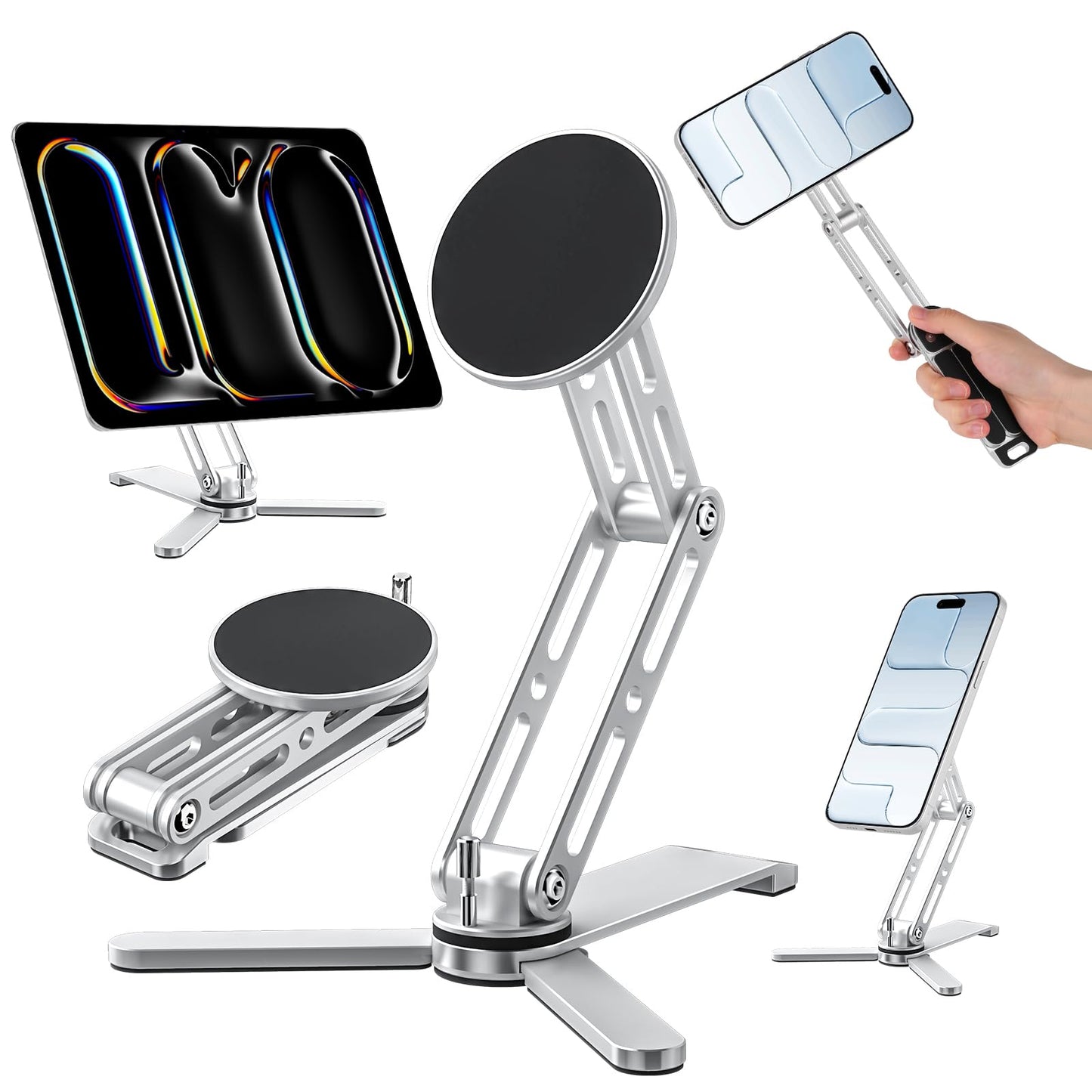 Eupterosaur Magnetic Phone Tripod Stand with Anti Slip Silicone,Height Adjustable,360° Rotating Phone Holder,Portable Tablet Stand,Foldable ipad