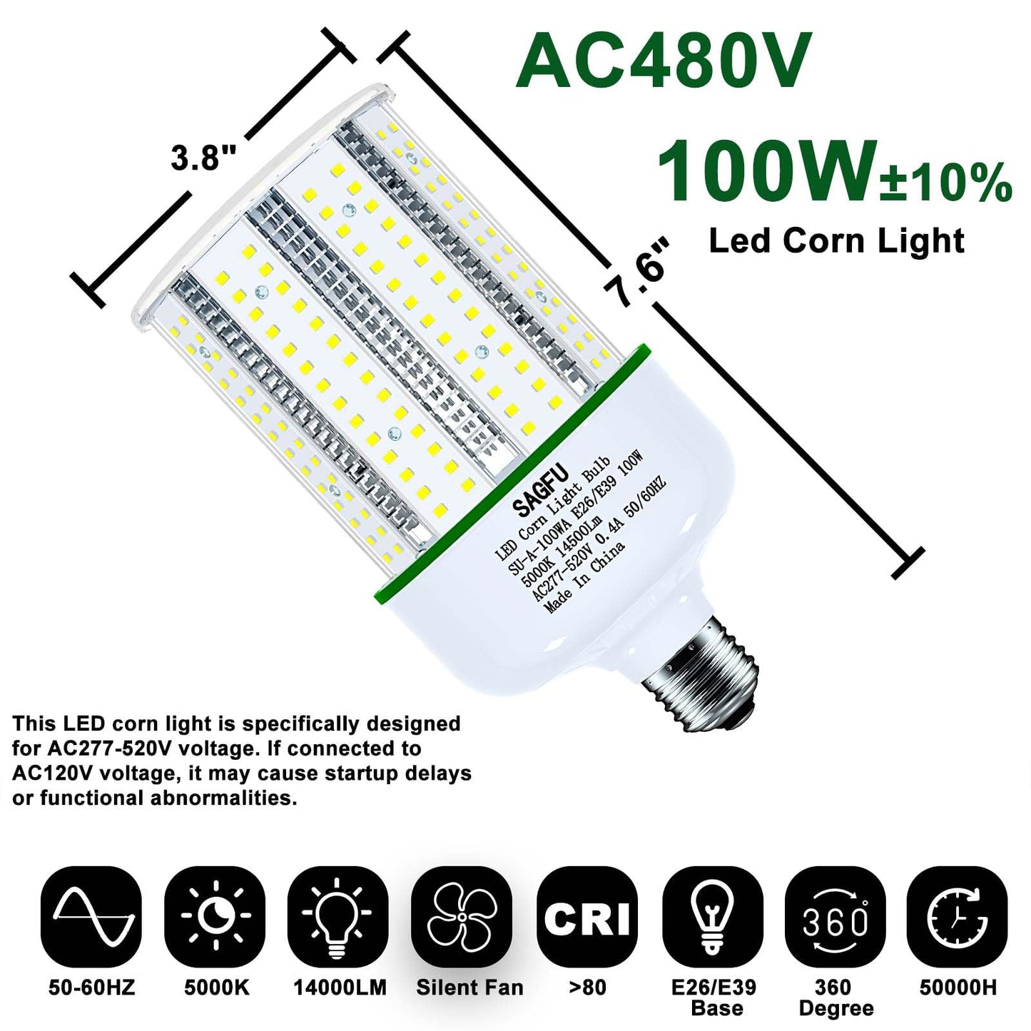 SAGFU 480V LED Corn COB Light Bulb 100W,LED Corn Bulb 5000K Daylight White,1-Pack 1000W Equivalent,14000 Lumens Super Bright,E26 E39 Base for Indoor