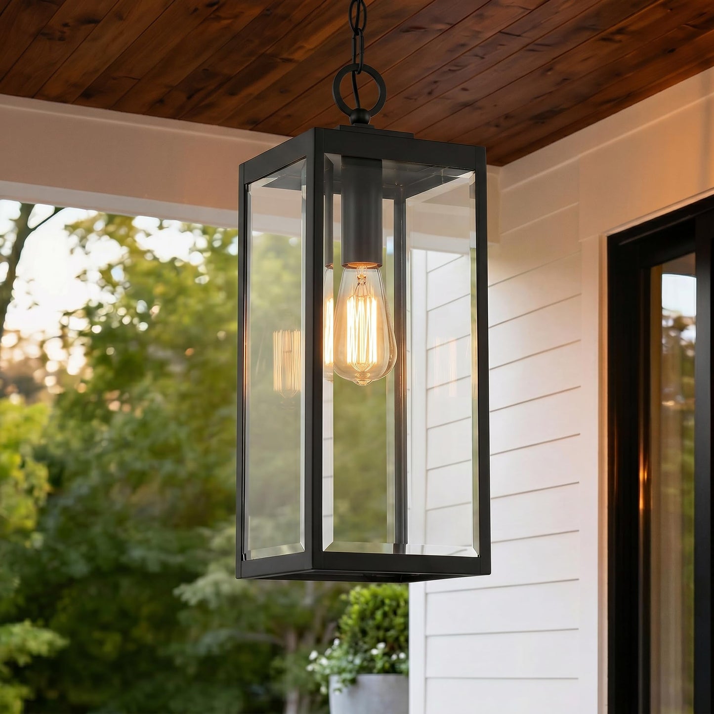 Quoizel Westover Outdoor Hanging Lantern, 21 Inch 1-Light Earth Black Modern Ceiling Mount Light, Clear Beveled Glass, Max Hanging Height 122"
