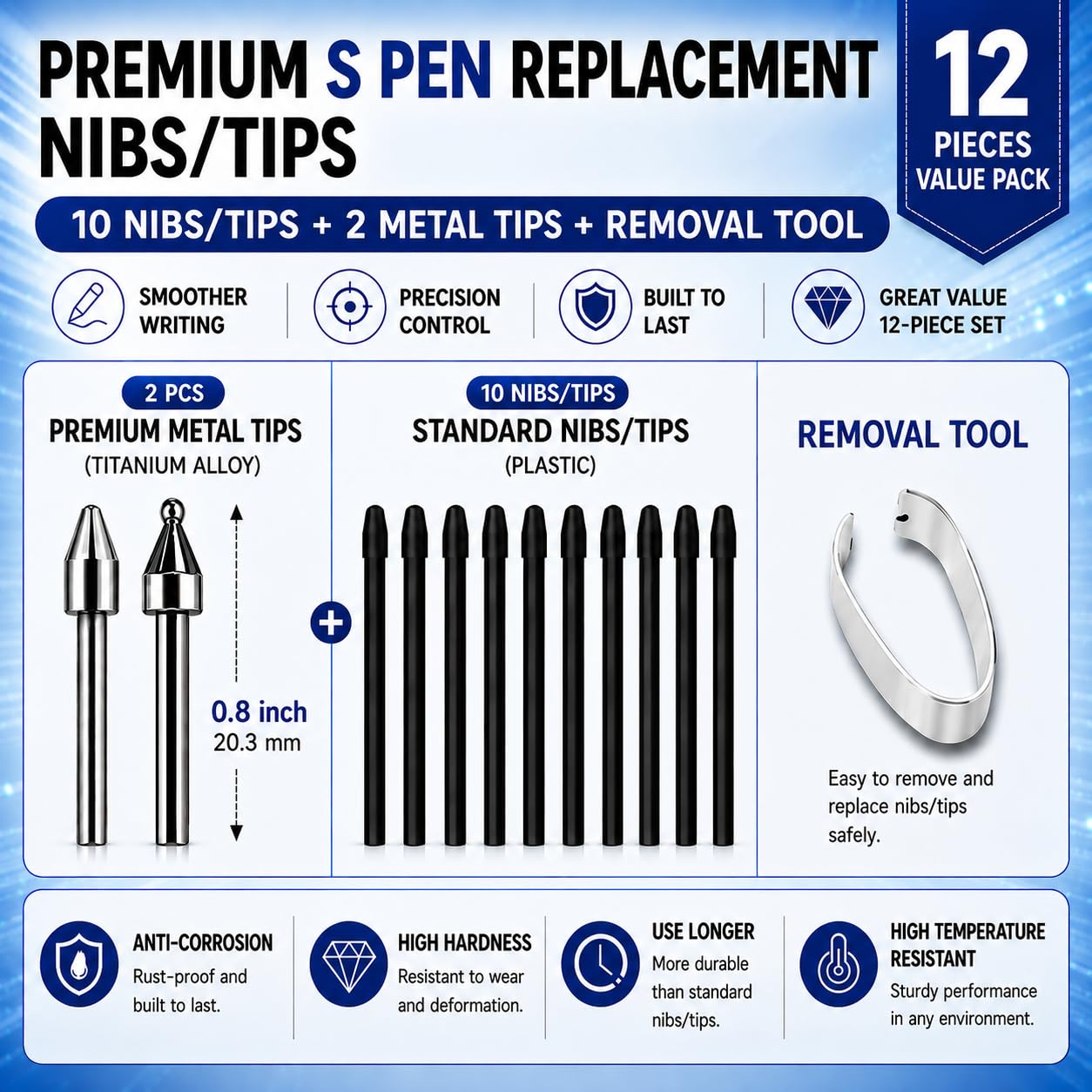 12PCS Soft & Metal Samsung S Pen Tips Nibs Replacement for Galaxy Tab S10, S9/S9 FE+/S9 Ultra, S8/S8+, S7/S7+/S7 FE, S6/Lite, Note