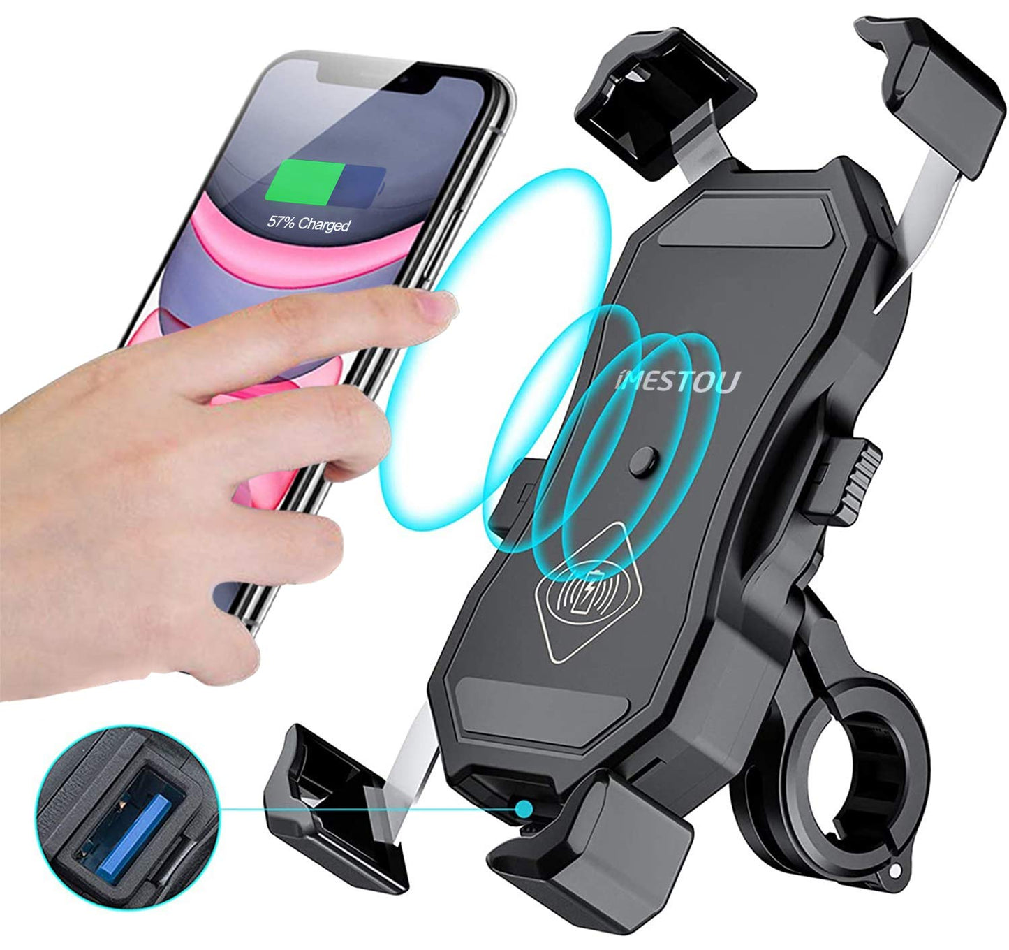 iMESTOU Motorcycle Wireless 15W Qi/USB Quick Charger 3.0 Phone Holder 2 in 1 Mount on 22-32mm Handlebar or Rear-View Mirror Fast Charging for 3.5-6.8