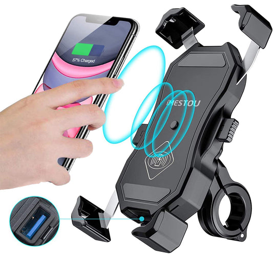 iMESTOU Motorcycle Wireless 15W Qi/USB Quick Charger 3.0 Phone Holder 2 in 1 Mount on 22-32mm Handlebar or Rear-View Mirror Fast Charging for 3.5-6.8