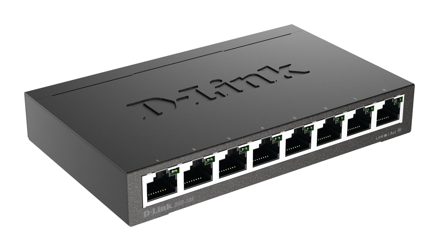 D-Link DGS-108/B 8-Port Gigabit Unmanaged Metal Desktop Switch 10/100/1000 Mbit/s - UK Version Black DGS-108/B