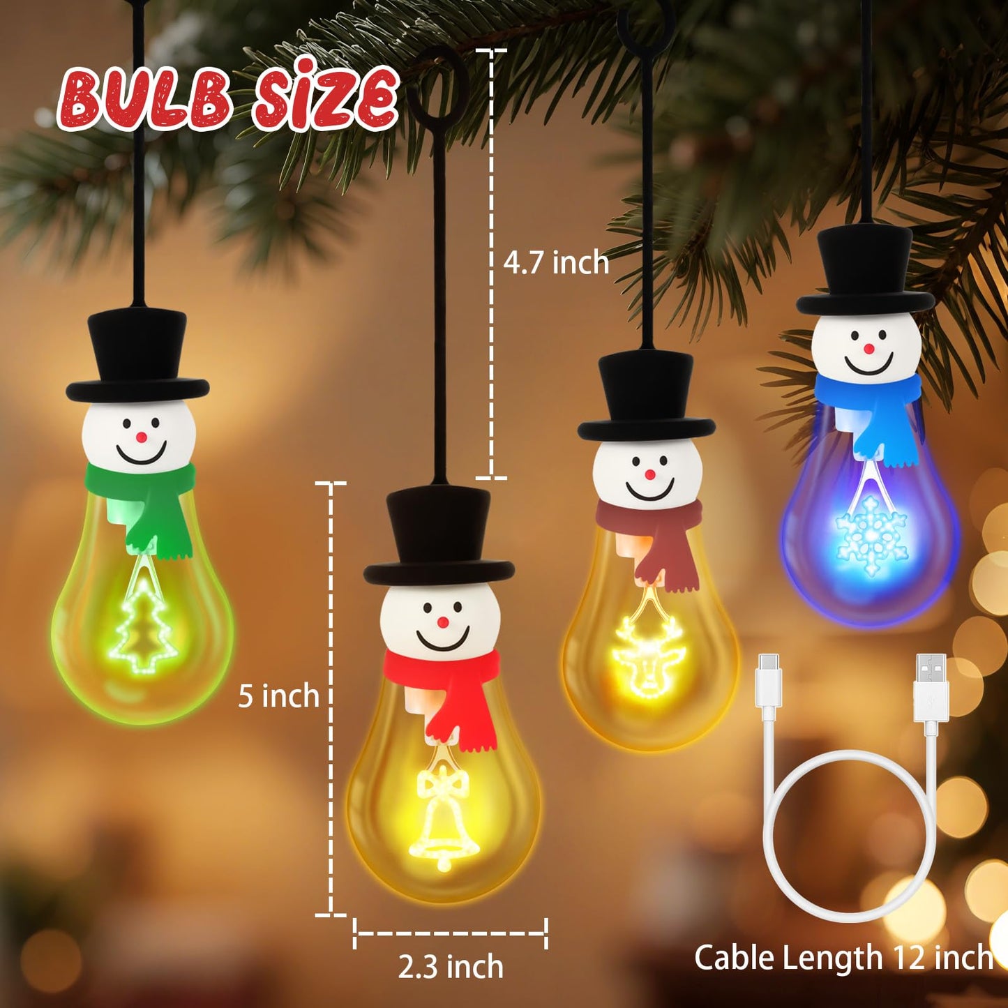 Christmas Bulb Light Hanging Christmas Night Light Edison Style Bulb USB Powered 8Hrs Play Fun Decorative for Indoor Outdoor Home Party Holiday