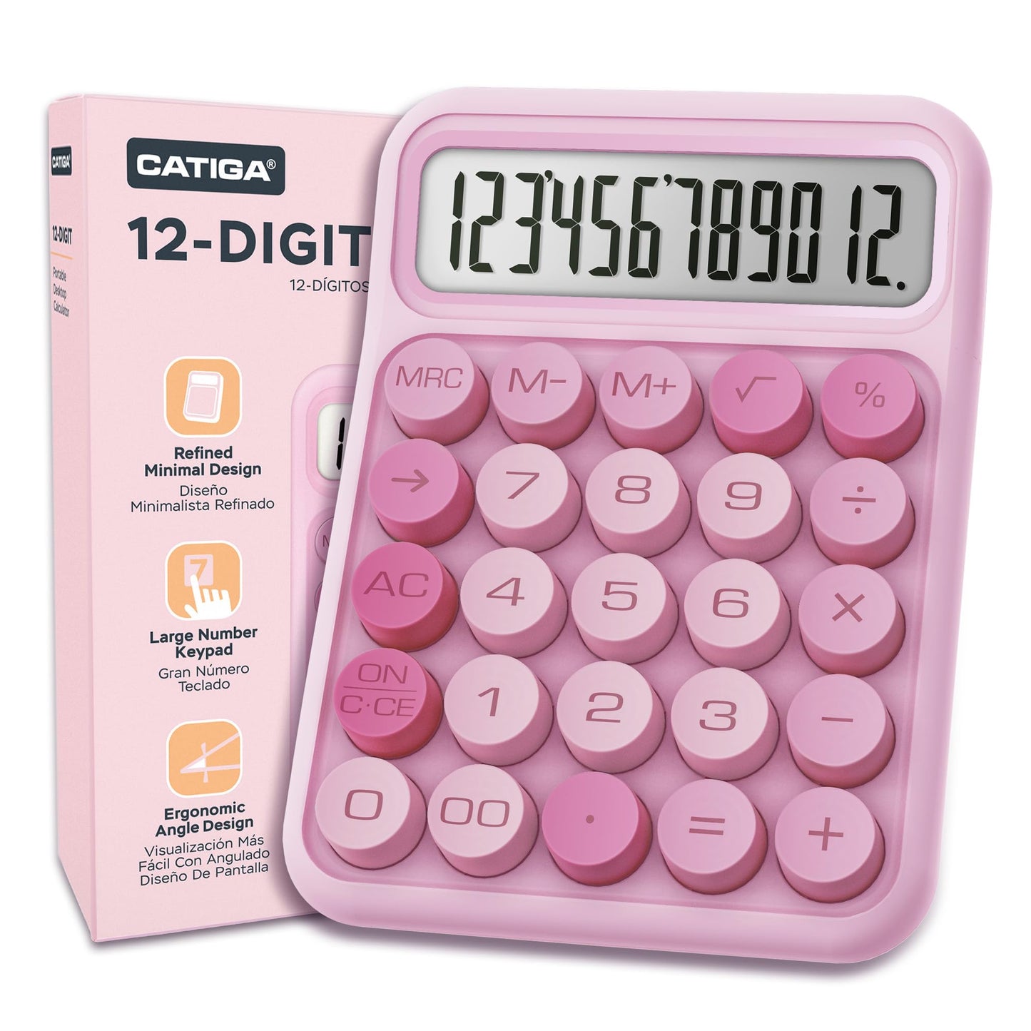 CATIGA Mechanical Switch Calculator, Pink Calculator with 12 Digit Large LCD Display & Big Buttons for Office Desk, Classroom Math, Back to School