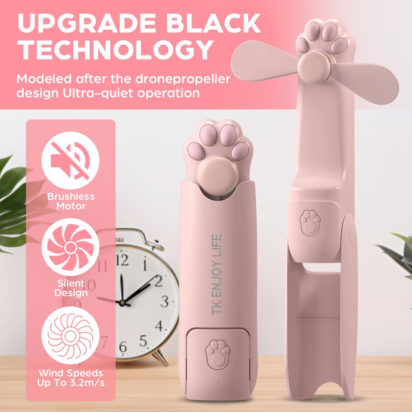 TK ENJOY LIFE Handheld Mini Fan, 2000 mAh USB Rechargeable Foldable Fan with Power Bank, Flash Light for Summer, Travel, Eyelashes, Gifts